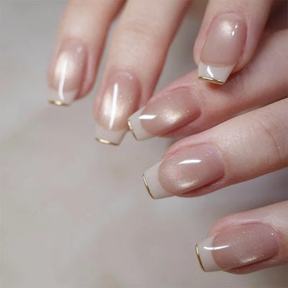 24Pcs Short False Nails with Shimmery Powder Ballet Nail Art Full Cover French Sheer Wearable Nail Manicure Tips for Girls Daily.