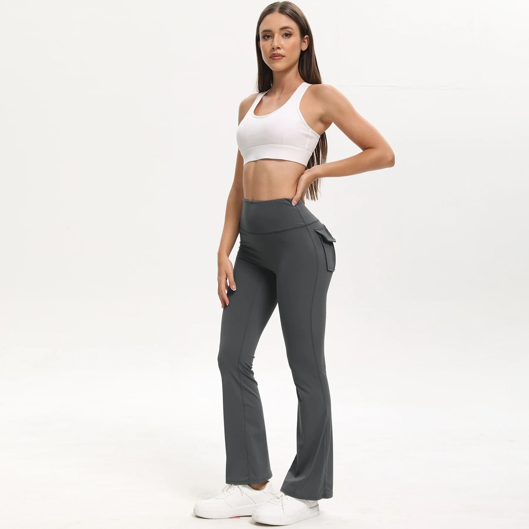 Damen-Leggings mit ausgestellten Taschen, weiche Yoga-Hose im Cargo-Stil, hohe Taille, schmale Hose, Fitness- und Bodybuilding-Sportbekleidung.