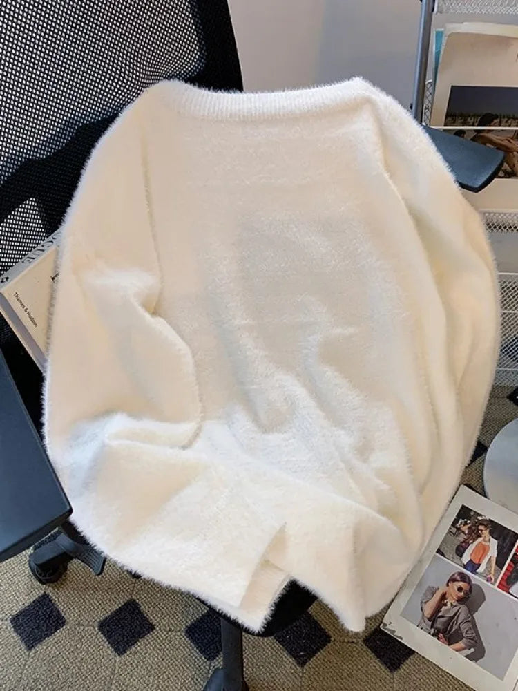 Vintage Preppy Kawaii Cartoon Jacquard Pullover Süße Harajuku Lose Grunge Pullover Y2k Ästhetische Frauen Weiße Gestrickte Pullover.