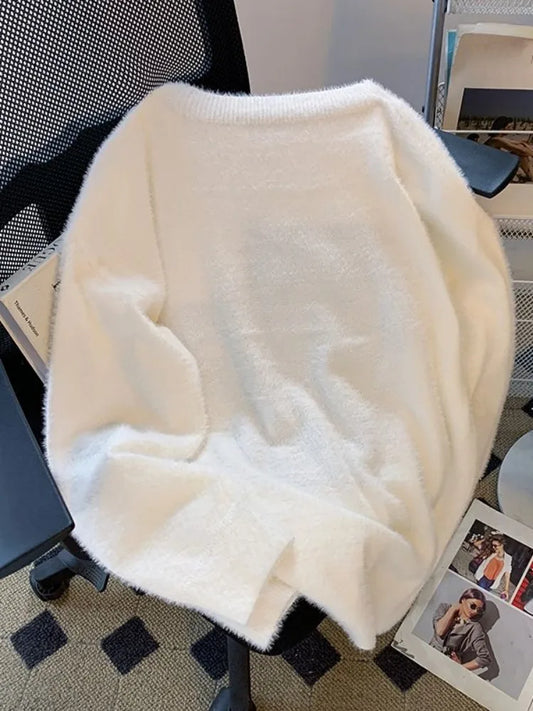 Vintage Preppy Kawaii Cartoon Jacquard Pullover Süße Harajuku Lose Grunge Pullover Y2k Ästhetische Frauen Weiße Gestrickte Pullover.