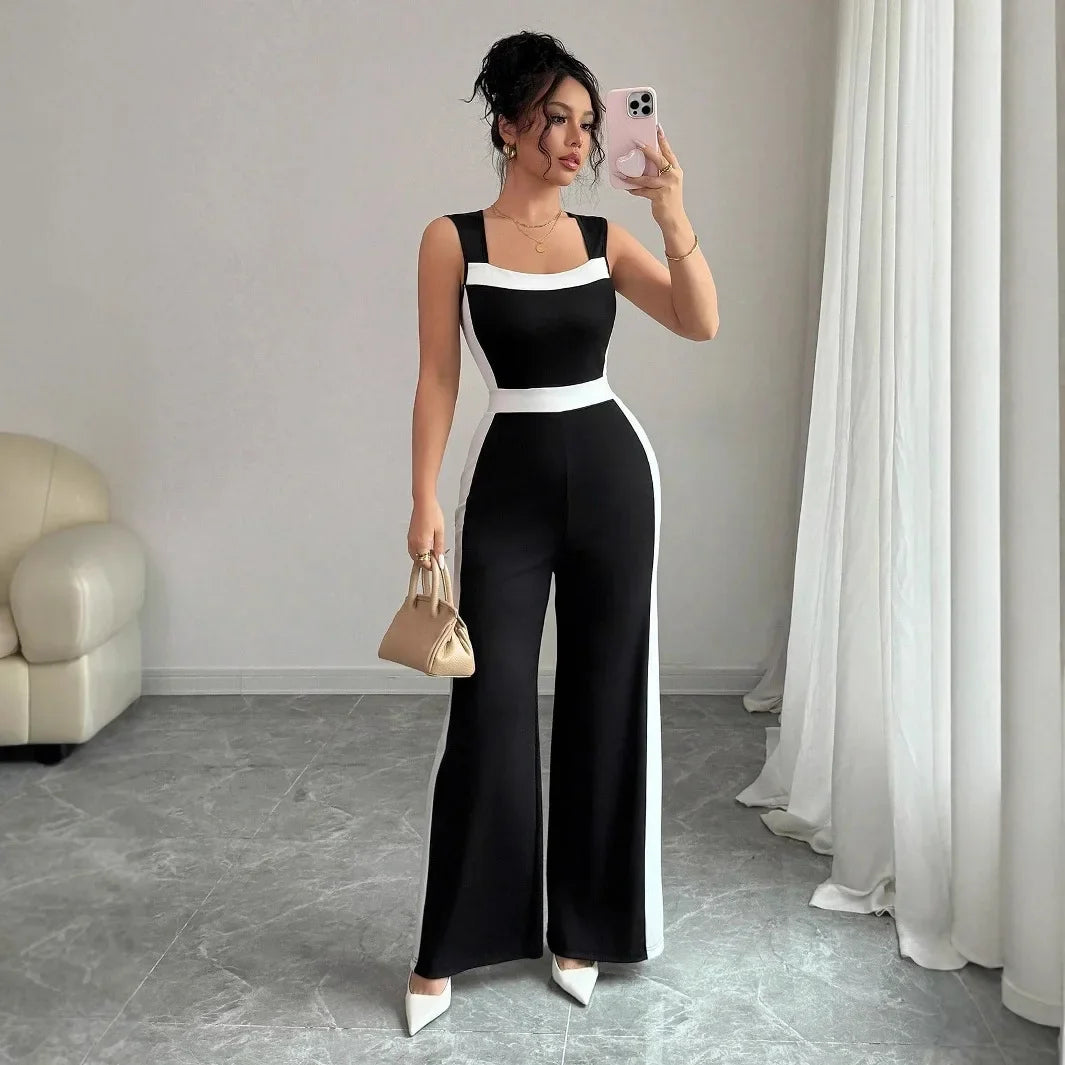 Elegant Color Block Wide Leg Jumpsuit Sleeveless Women's Spring Summer Vacation Style Cross-Border Fashion Ladies' Outfit.