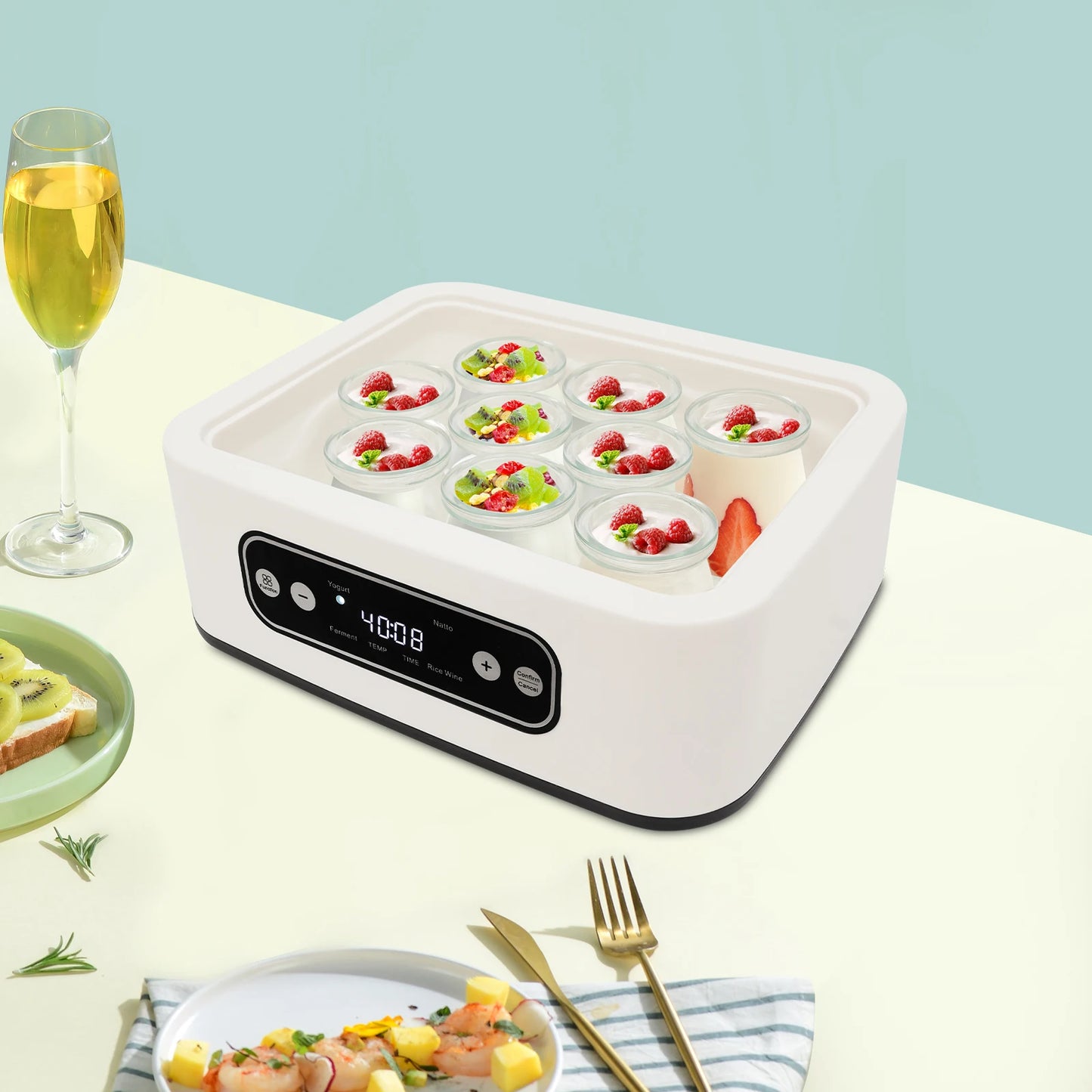 20W Square Yogurt Maker Yoghurt Making Machine LED Digital Temperature Control,with 9 Cups 100ml Each Cup.