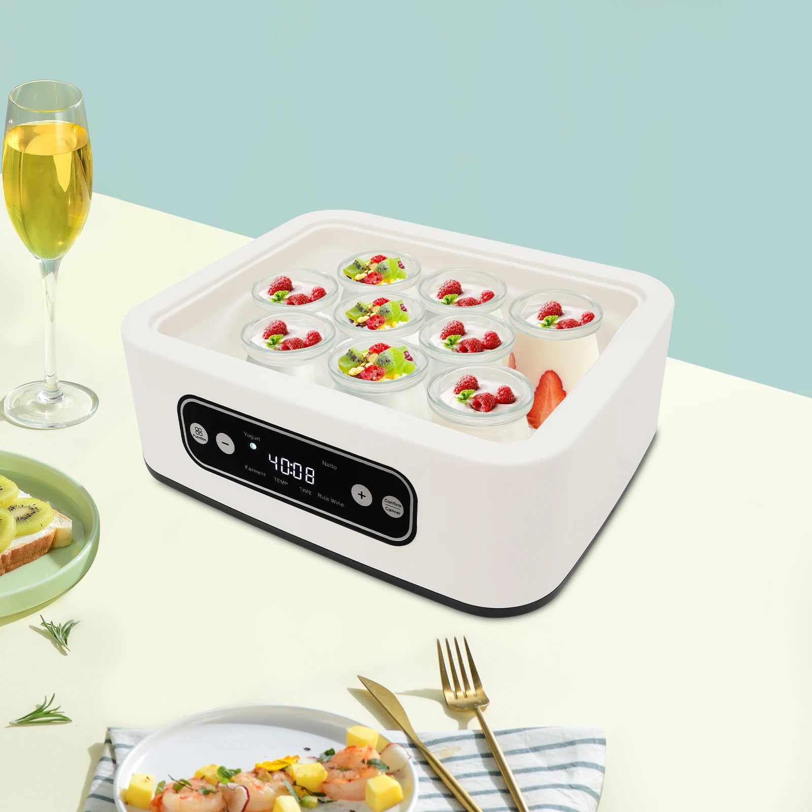 20W Square Yogurt Maker Yoghurt Making Machine LED Digital Temperature Control,with 9 Cups 100ml Each Cup.