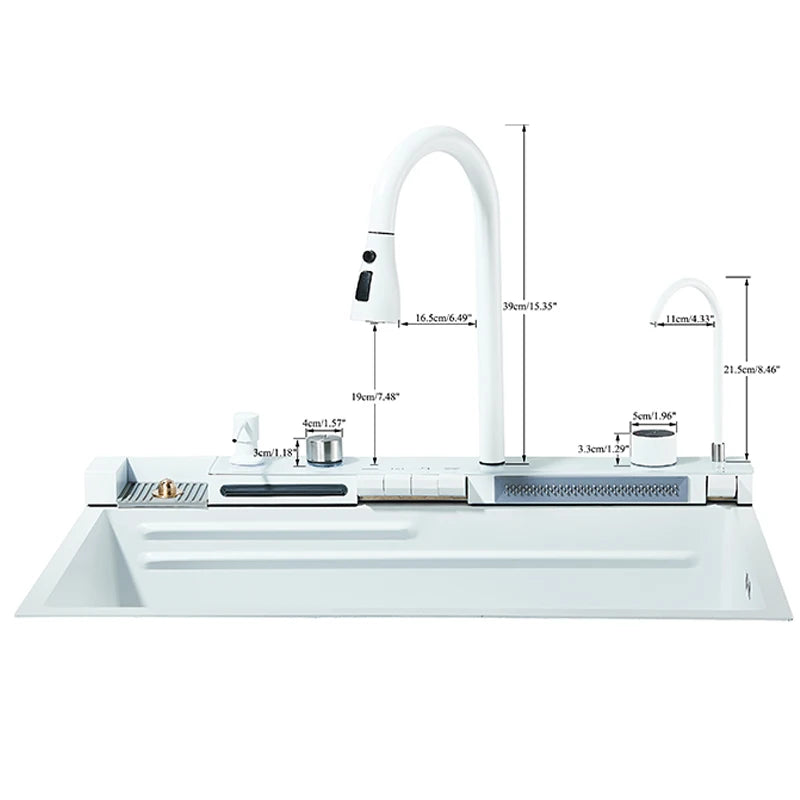 Multifunktionaler digitaler fliegender Regenhahn, weiß, doppelter Wasserfall, Edelstahl-Waschbecken, Küchenspüle, geprägt, großer Einzelschlitz