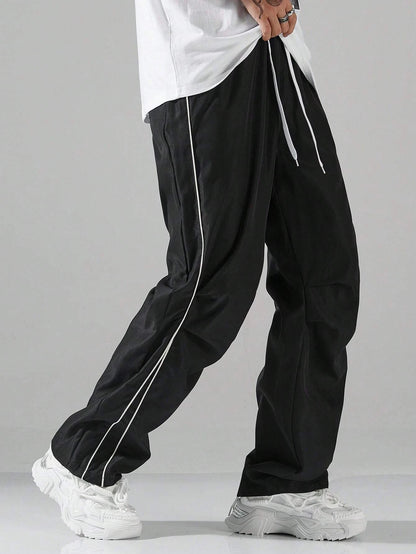 Larbulse Men Contrast Trim Trouser Fashion Casual Pants Solid Color Breathable Loose Straight Drawstring Pants Streetwear.