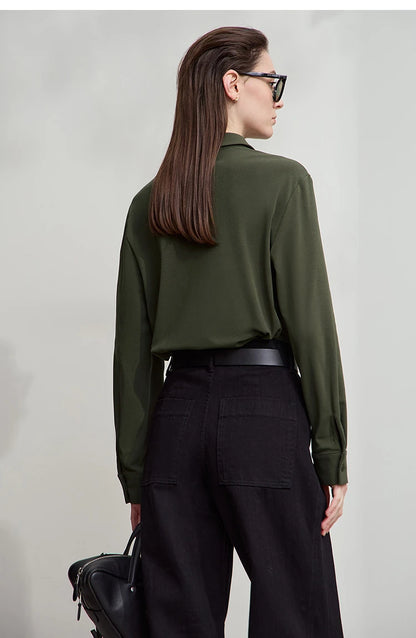 AMII Office Lady Shirt 2025 Autumn New Minimalism thick Long Sleeves Blouse Elastic Cotton Lapel Women's Clothing 12553079