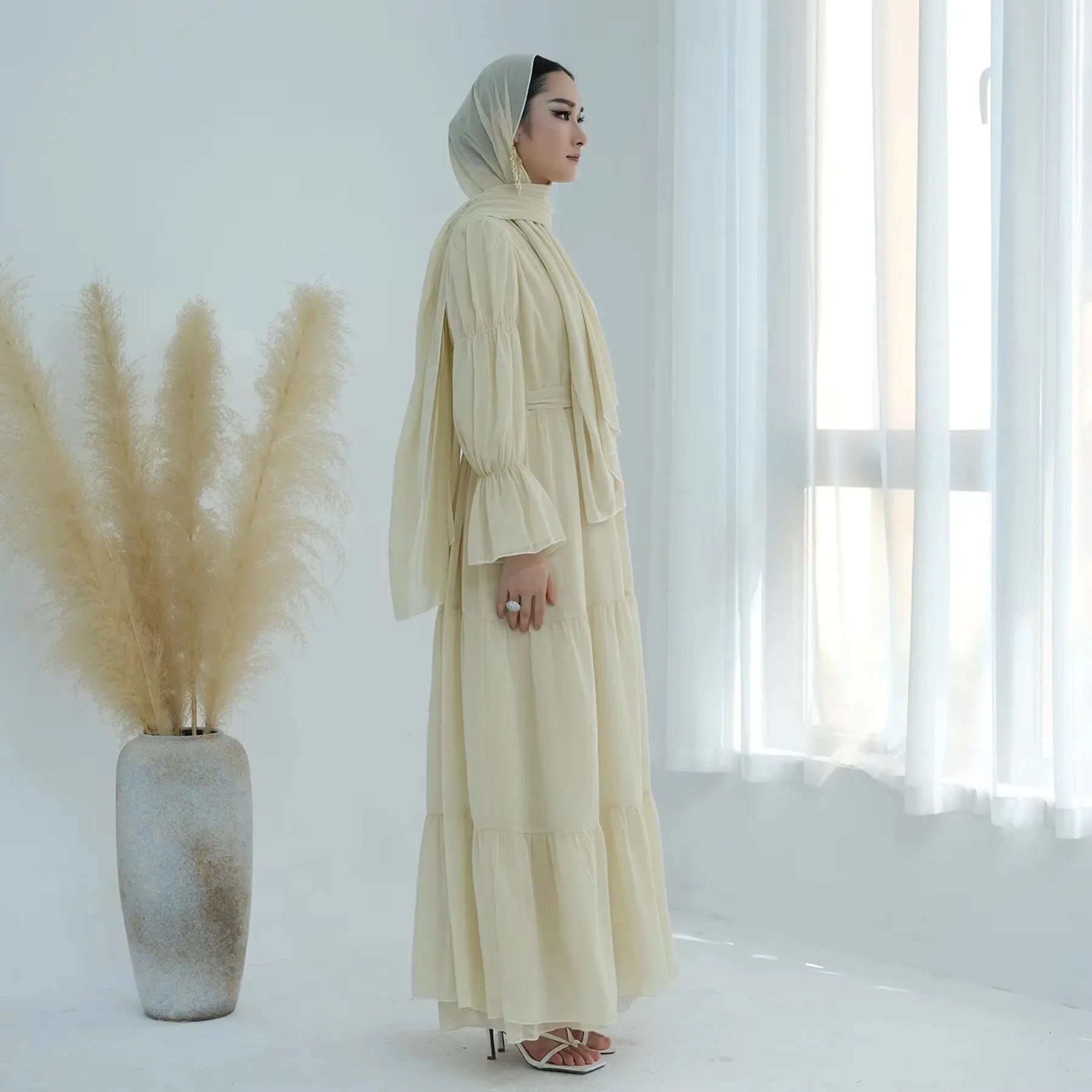 Chiffon Sheer Open Abaya Set Hijabi Muslim Women Party Ramadan Islamic Clothing  Dubai Turkey Kaftan Crepe Kimono Open Abayas.