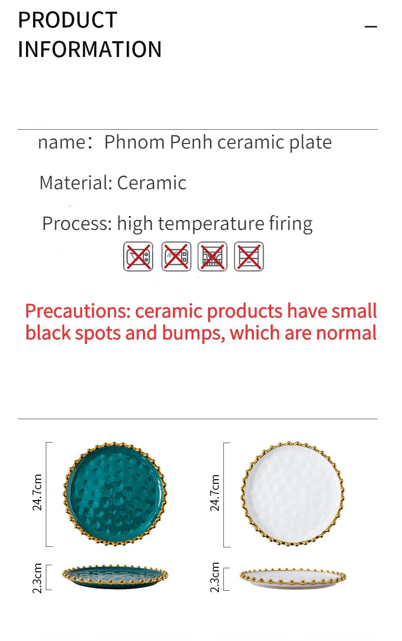 Nordic Ins Style Golden Edge Bead Plate Western Food Steak Plate Home Network Red Dish Creative Tableware Plate Breakfast Salad.