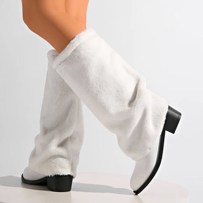 Luxury White Faux Wool Knee High Boots Women Winter Soft Plush Straight Tube Boots Woman Fashion Slip On Block Heel Long Botas.