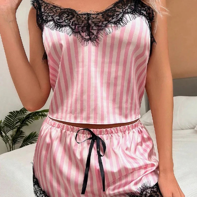 Damen-Pyjama-Shorts-Set mit V-Ausschnitt, sexy Spitze und Straps, lässiges, ärmelloses, sexy Pyjama-Set für Damen.
