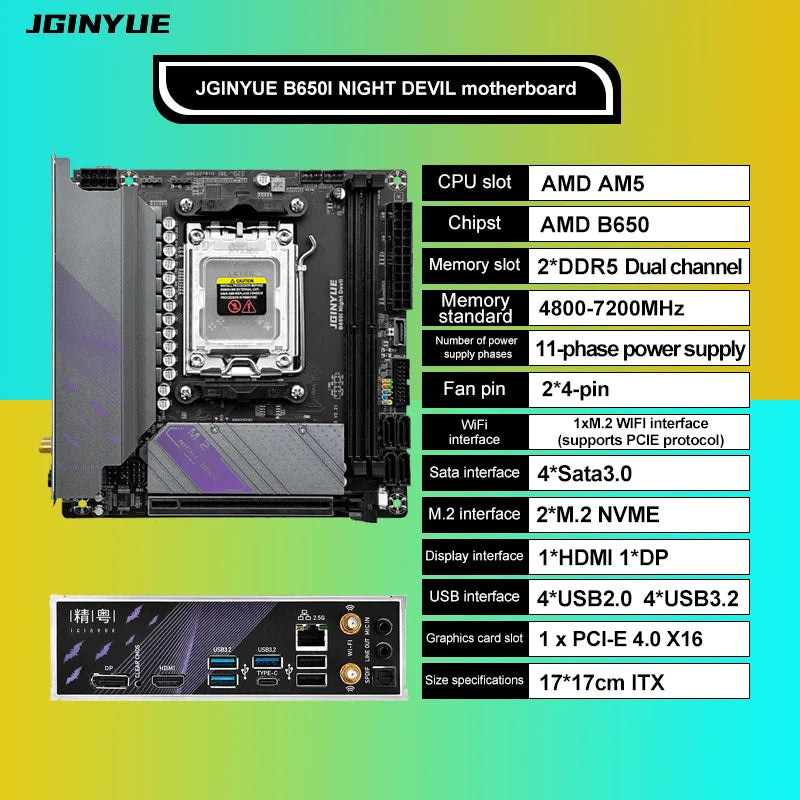 JGINYUE AM5 Motherboard supports AMD Ryzen 7000 series CPU processors DDR5 dual channel Memory RAM ITX B650i Night Devil.