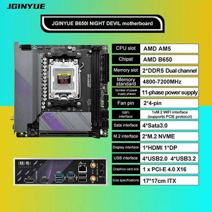 JGINYUE AM5 Motherboard supports AMD Ryzen 7000 series CPU processors DDR5 dual channel Memory RAM ITX B650i Night Devil.