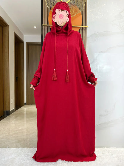 Muslim Abaya Solid Cotton Pullover Two Hat Women Eid Hooded Long Maxi Dress Turkey Kaftan Arab Robe Islamic Hijab Dubai Clothing