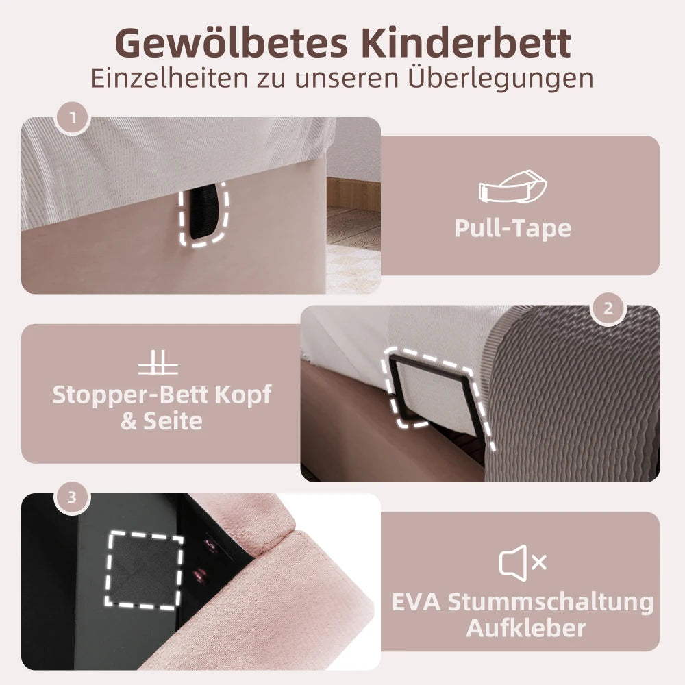 Rosa Samt-Einzelbett 90 x 200 cm für Kinder, Jungen, Mädchen, Kinderbettgestell, Kinderbett ohne Matratze