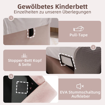 Rosa Samt-Einzelbett 90 x 200 cm für Kinder, Jungen, Mädchen, Kinderbettgestell, Kinderbett ohne Matratze