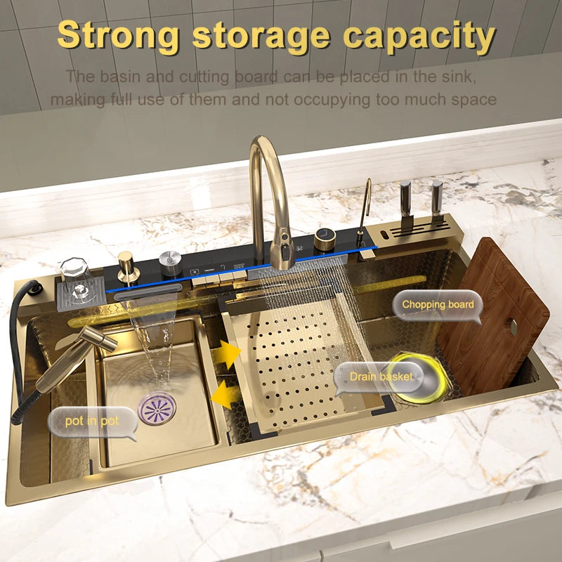 Golden Stainless Steel Kitchen Sink Waterfall Outlet Large Single Sink Digital Display Dishwashing and Vegetable Sinks