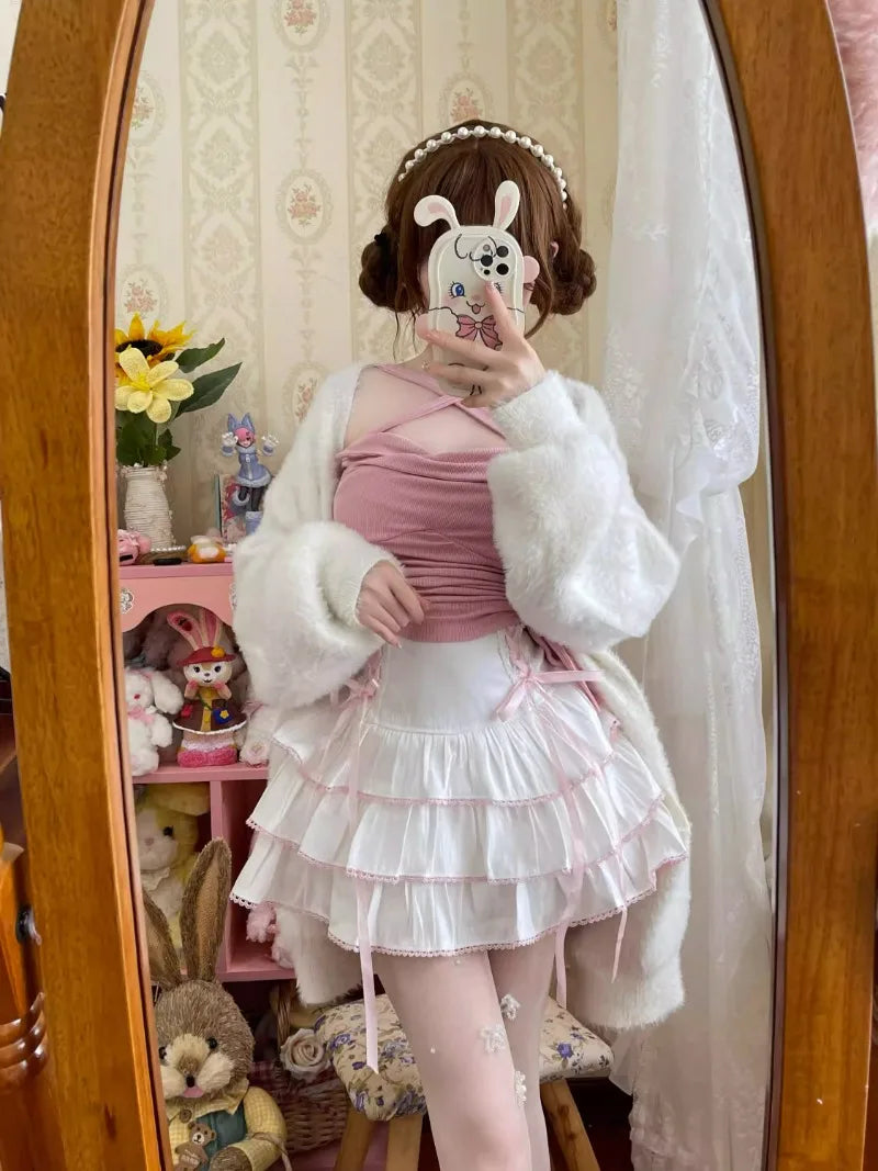 Japanese Kawaii Lolita Style Pleated Skirts Women High Waist Pink Bandage Fairy Y2k Aesthetic Skirt Cute Faldas Mujer Moda 2024