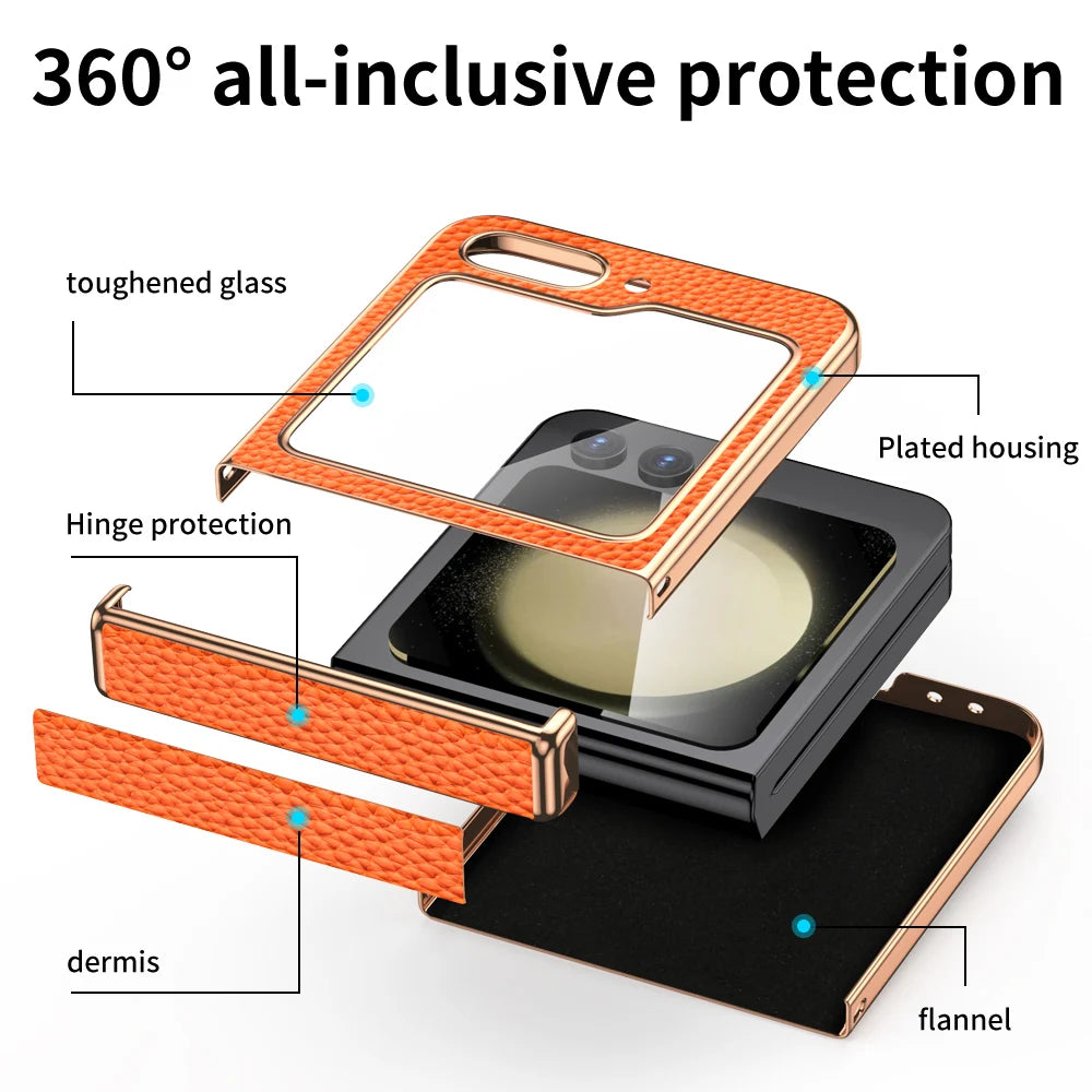 Cowhide Leather Phone Case for Samsung Galaxy Z Flip7 Flip6 Flip5 Flip 7 6 5 Luxury Hinge Protection Cover with Tempered Glass.