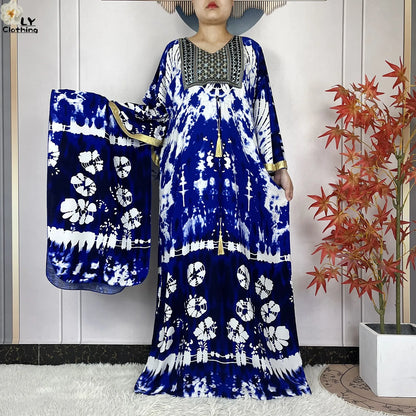 2025 New African Abaya For Women Dress Loose Batwing Sleeve Pockets High-quality Tie-dye Pure Cotton Fabric Women Islam Clothing