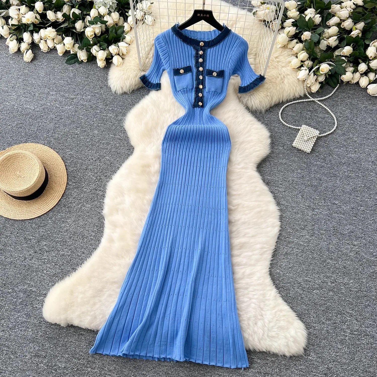 YuooMuoo Chic Mode Sexy Pakete Gestrickte Maxi Kleid Frühling Sommer Vintage Denim Patchwork Lange Pullover Kleid Dame Vestidos.