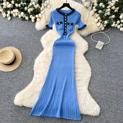 YuooMuoo Chic Mode Sexy Pakete Gestrickte Maxi Kleid Frühling Sommer Vintage Denim Patchwork Lange Pullover Kleid Dame Vestidos.