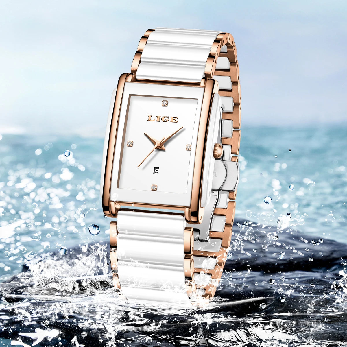LIGE Fashion Square Quartz Woman Watches Ceramics Elegant Simple Diamond Auto Date Romantic Birthday Gift Leisure Wristwatch New.