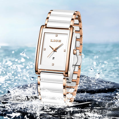 LIGE Fashion Square Quartz Woman Watches Ceramics Elegant Simple Diamond Auto Date Romantic Birthday Gift Leisure Wristwatch New.