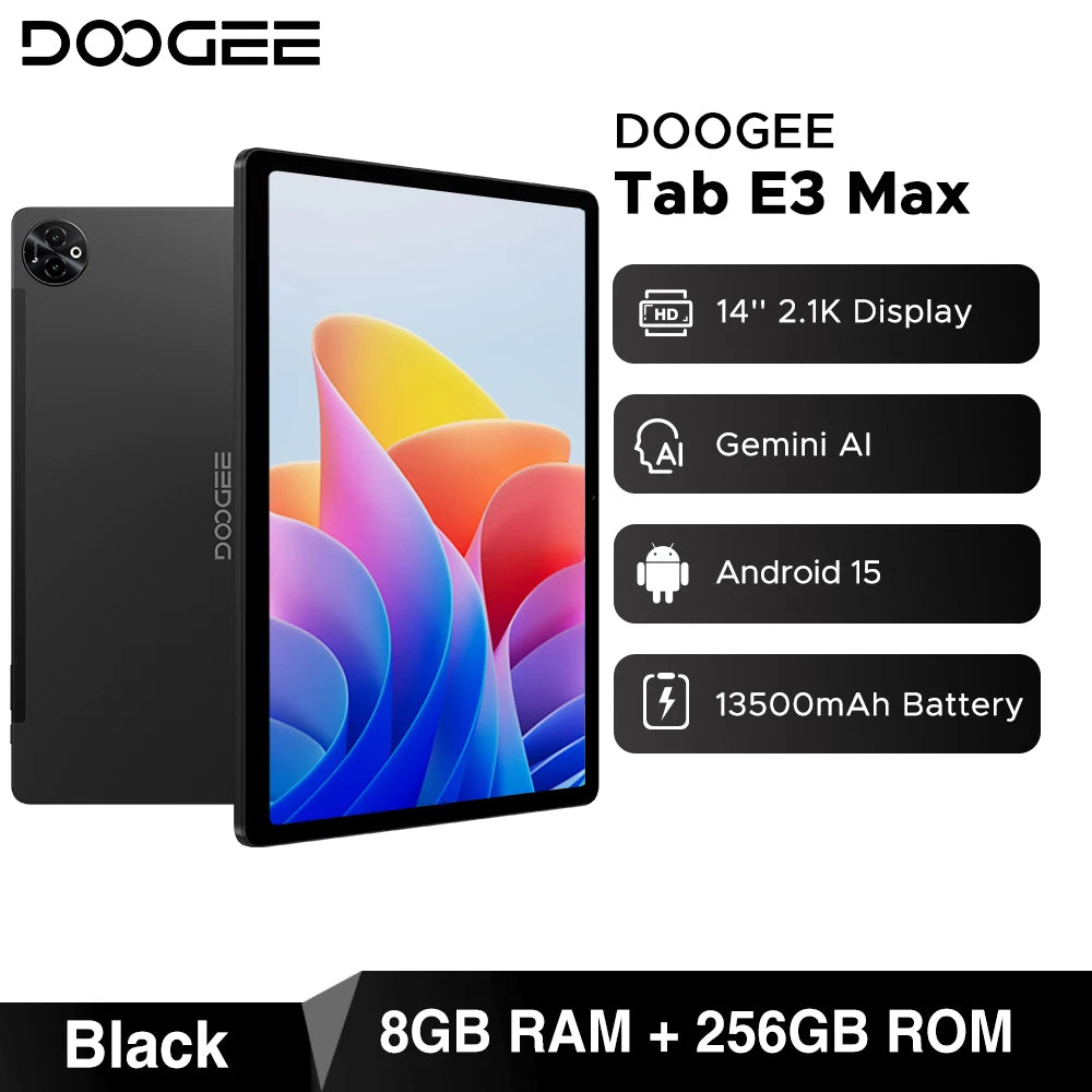 DOOGEE Tab E3 Max Tablet PC Android 15 Gemini AI Quad Speakers 14'' 2.1K Display 32GB(8+24) RAM 256GB ROM 13500mAh Battery Pad