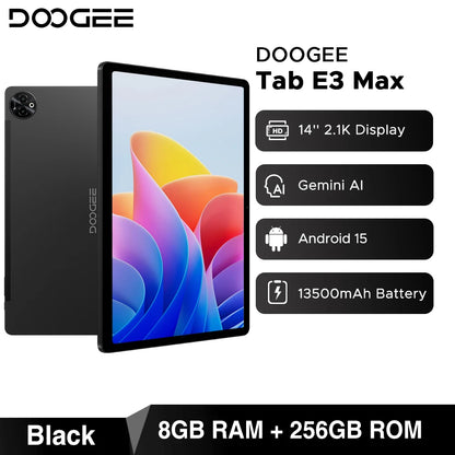 DOOGEE Tab E3 Max Tablet PC Android 15 Gemini AI Quad Speakers 14'' 2.1K Display 32GB(8+24) RAM 256GB ROM 13500mAh Battery Pad