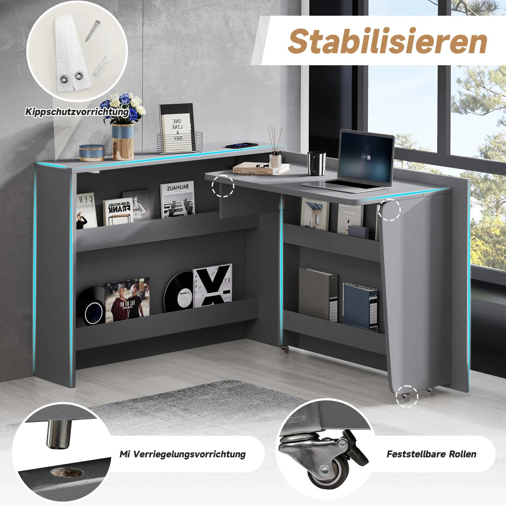 Klappbarer Schreibtisch mit Rollen und kabellosem Ladegerät – 2-in-1-Sideboard und Arbeitsplatz, mit Regal und Kippschutz, Rollen mit Bremstisch