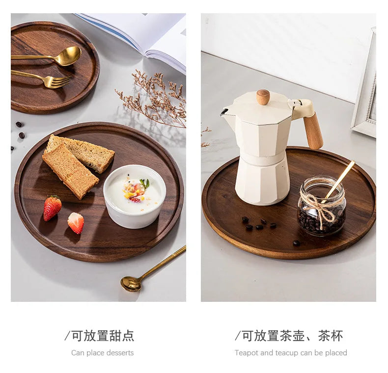 Solid Wood Circular Tray Japanese Style Western Household Tea Dessert Coffee Plate Cross-Border Design.