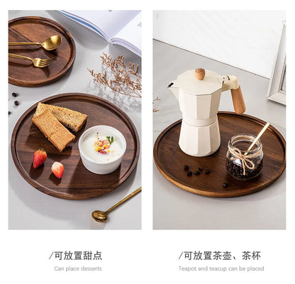 Solid Wood Circular Tray Japanese Style Western Household Tea Dessert Coffee Plate Cross-Border Design.