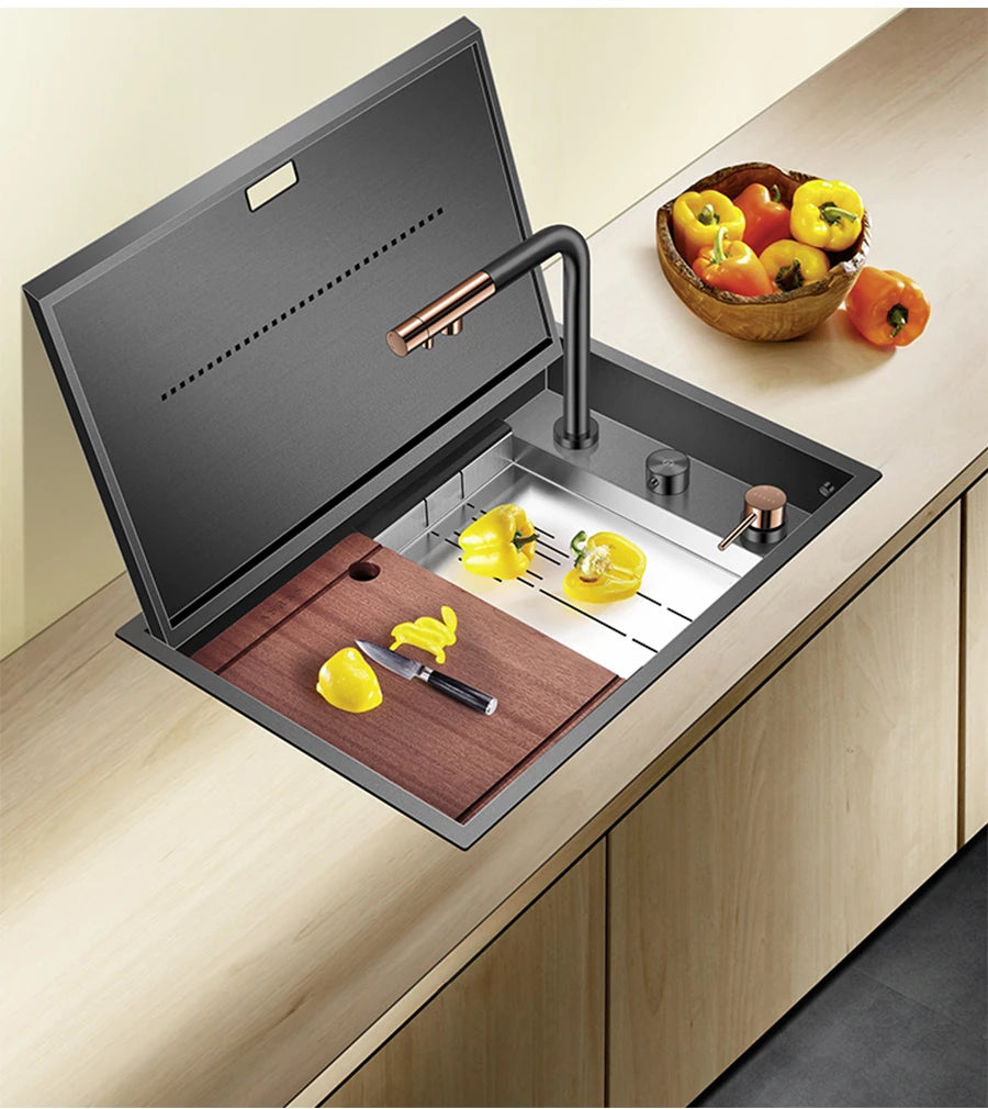 Nanometer Black Hidden kitchen Sink SUS 304 Stainless Steel 4mm Thickness Flip Cover Hidden Handmade kitchen Sinks
