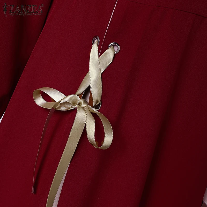 ZANZEA Mode Frauen Langarm Muslimischen Abaya Kleid Frühling Patchwork Maxi Kleider Robe Femme IsIamic Vestidos Lace Up Sommerkleid.