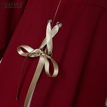 ZANZEA Mode Frauen Langarm Muslimischen Abaya Kleid Frühling Patchwork Maxi Kleider Robe Femme IsIamic Vestidos Lace Up Sommerkleid.