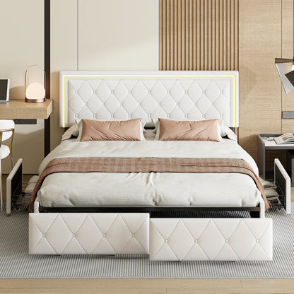 Lazyspace PU-Polsterbett, weißes Einzel- und Doppelbett mit Lattenrost, Holz, mit 4 Schubladen und LED-Kopfteil