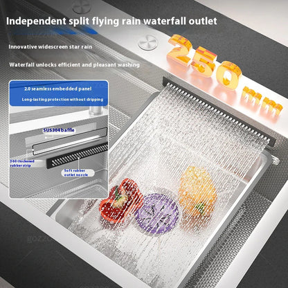 Silver 304 Stainless Steel Kitchen Sink Independent Waterfall Outlet Household Large Single Slot Wash Dish Bowl Undermount Basin