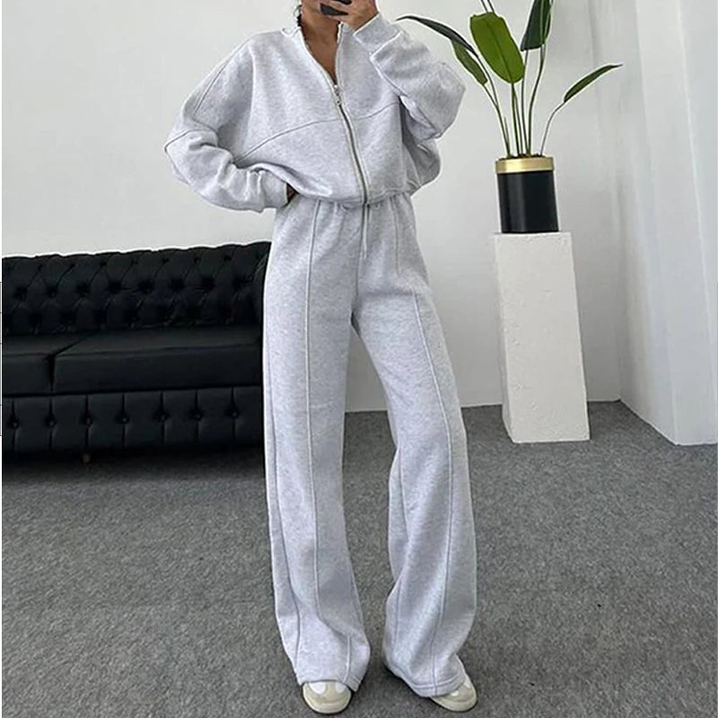 BKLD 2025 Casual Women's Tracksuit Sets Zip-up Loose Cropped Cardigan+Drawstring Sweatpants Solid Fashion Running Street Outfits