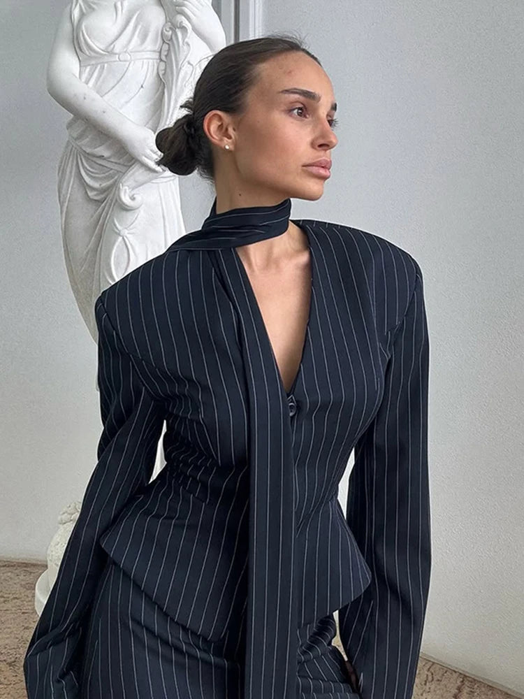 TARUXY Gestreiften Druck V-ausschnitt Band Anzug Mantel Für Frauen Langarm Tasten Büro Dame Top Elegante Weibliche Neue Blazer Outwear