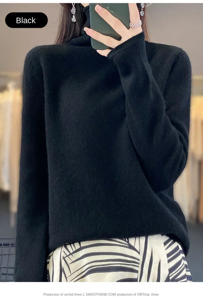 2025 100% Merino Wool Sweater Elegant Cashmere Pullover Women Pile Collar Long Sleeve Knitwear Basic Clothing  Jumper Tops