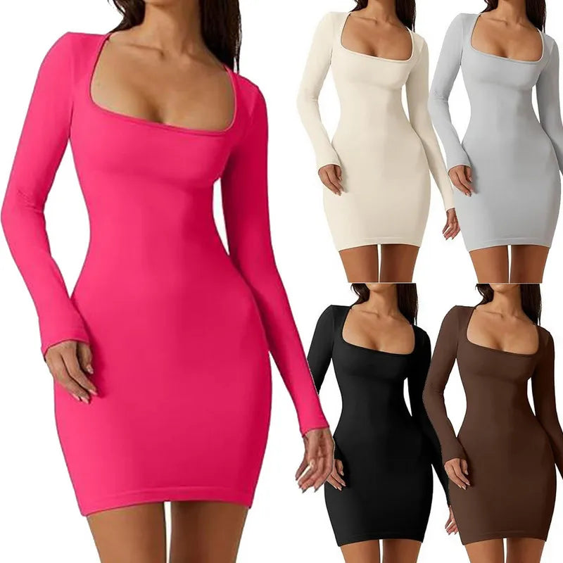 Wpnaks Frauen Bodycon Kleid Frühling Herbst Kleidung einfarbig sexy Langarm quadratischen Hals schlanke Mini kleid Club Streetwear.