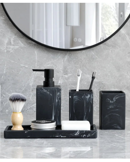 Bathroom Accessories Complete Marble Pattern Lotion Soap Dispenser,Toothbrush Holder,Tumbler,Tray Resin material Black white.