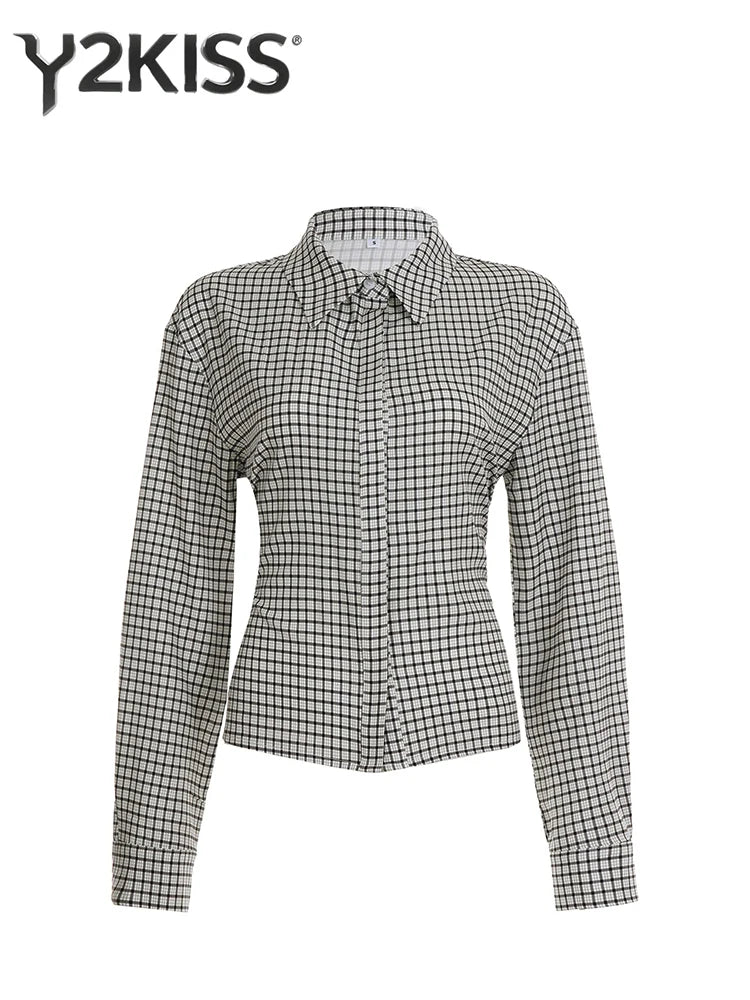 2025 Autumn Winter Women Vintage Long Sleeve Checkered Shirt Design Crop Blouse Y2k 2000s Top Stylish High Street Gyaru Coquette
