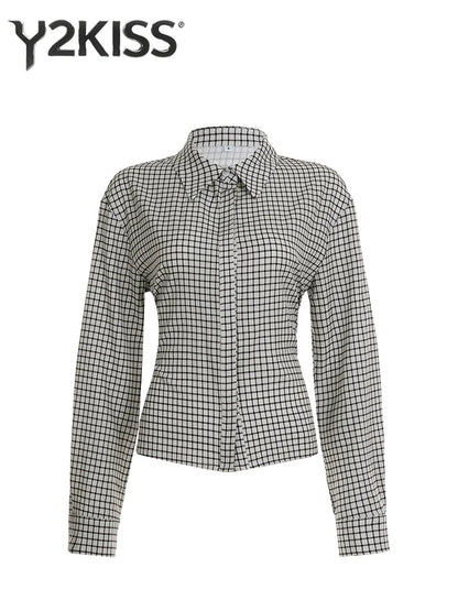 2025 Autumn Winter Women Vintage Long Sleeve Checkered Shirt Design Crop Blouse Y2k 2000s Top Stylish High Street Gyaru Coquette