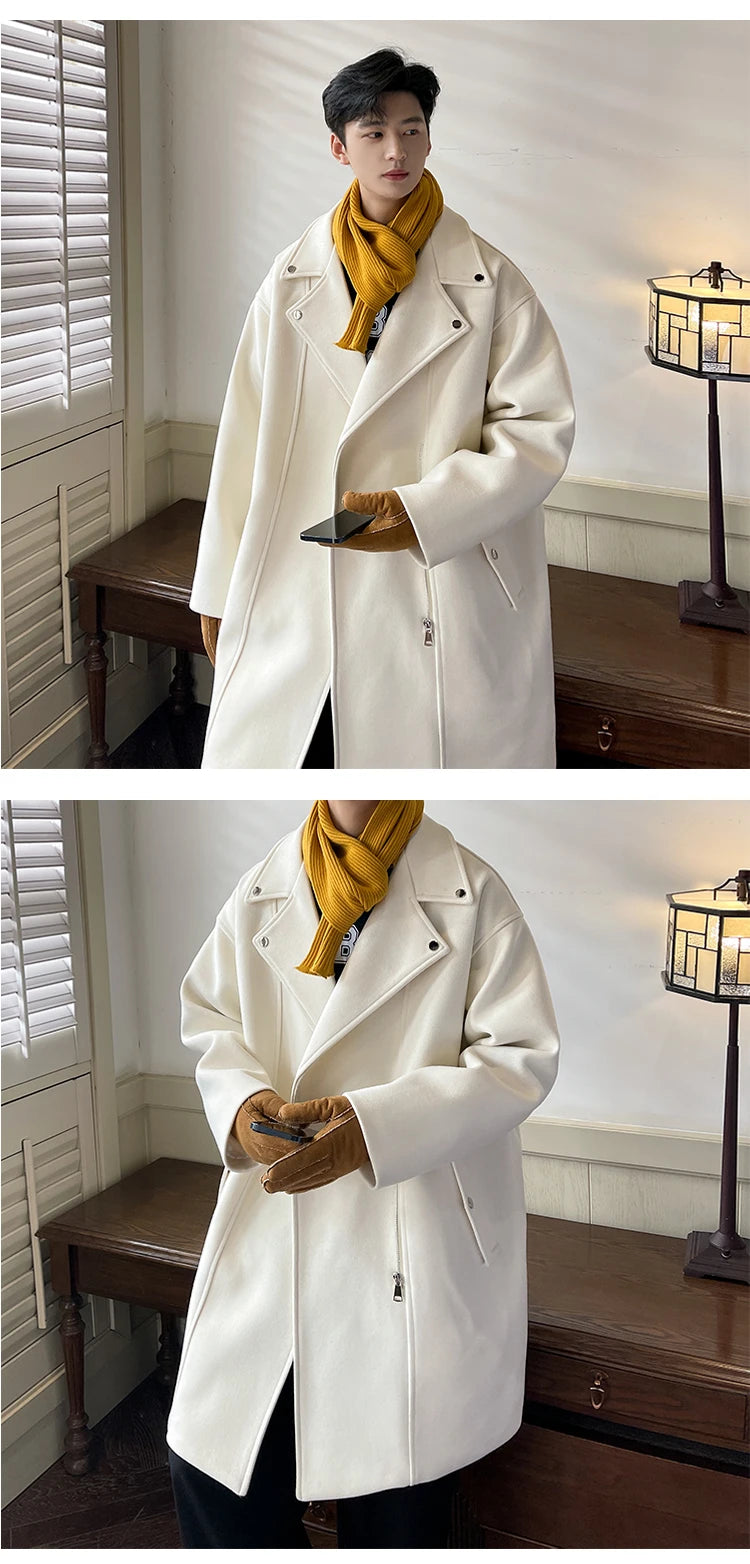 Winter Fashion Woolen Dust Coats Men Zipper Decor High Quality Korean Style Loose Casual Windbreaker Men's Thick Warm Trenchcoat.