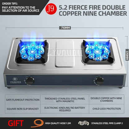 Desktop Stainless Steel Double Stove Household Bench Top Strong Fire Liquefied Natural Gas Stove
