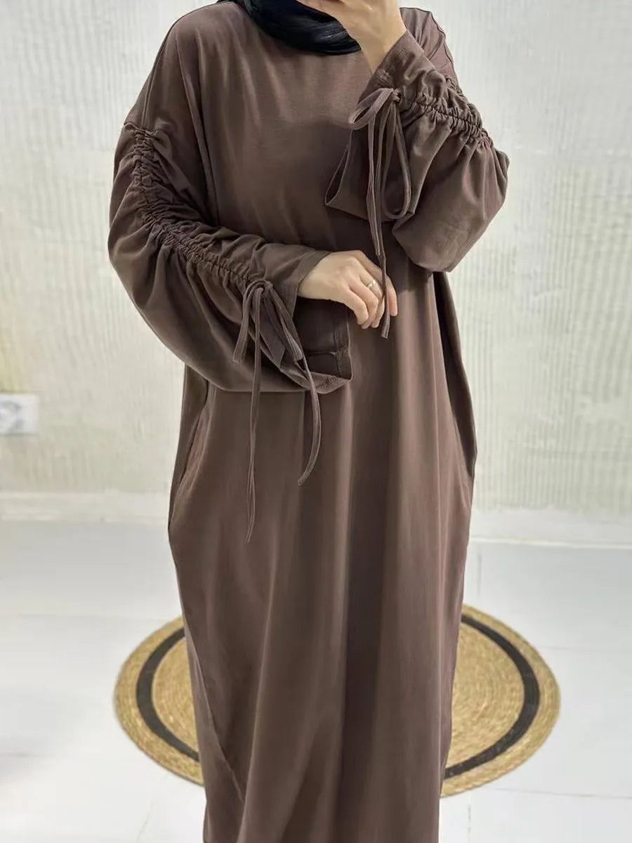 Muslim Women Arabic Dubai Abaya Drawstring sleeves Long Dress Modest Ramadan Kaftan Robe Femme musulmane Islam Clothing Kebaya.