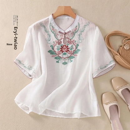 Retro Chinesischen Stil Lose Fit Baumwolle Leinen Kurzarm Shirt frauen Sommer Schwere Stickerei Abnehmen Top Flagge Kleid.