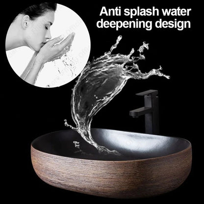 Braunes Porzellan-Keramik-Waschbecken über der Theke, Waschtisch, Schüsselbecken, Badezimmer, Sanitär, Balkon, Tisch, Waschbecken, Arbeitsplatte, ovales Waschbecken