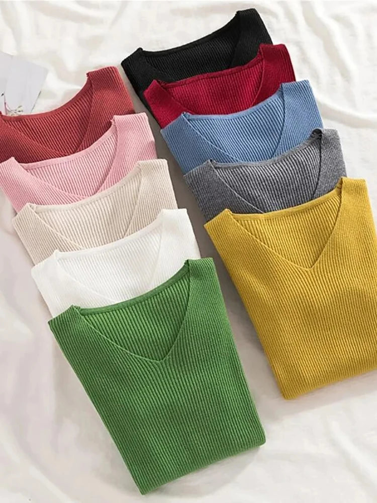 2025 mode V-ausschnitt Elastische Grundlegende Top Neue Frauen Pullover Herbst Winter Langarm Pullover Weibliche Winter Solide Strick Jumper.